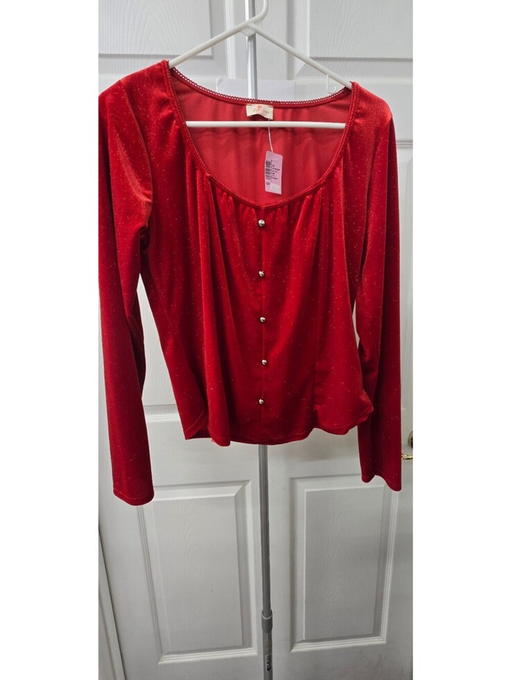 Red Shimmer Velvet Long Sleeve Top